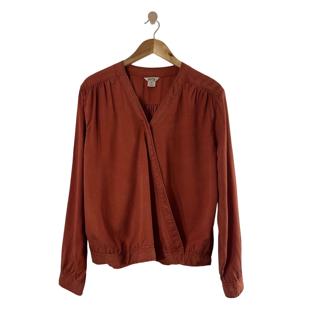 Duluth Trading Co Rust Orange Tencel Lyocell Wrap Blouse XL Long Sleeve V-Neck